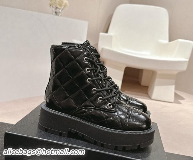 Shop Duplicate Chanel Patent Quilted Calfskin Lace-up Platform Ankle Boots Black 909074