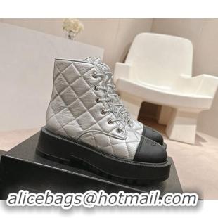 Best Product Chanel Quilted Aged Calfskin Lace-up Platform Ankle Boots Silver 909075