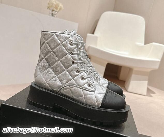 Best Product Chanel Quilted Aged Calfskin Lace-up Platform Ankle Boots Silver 909075