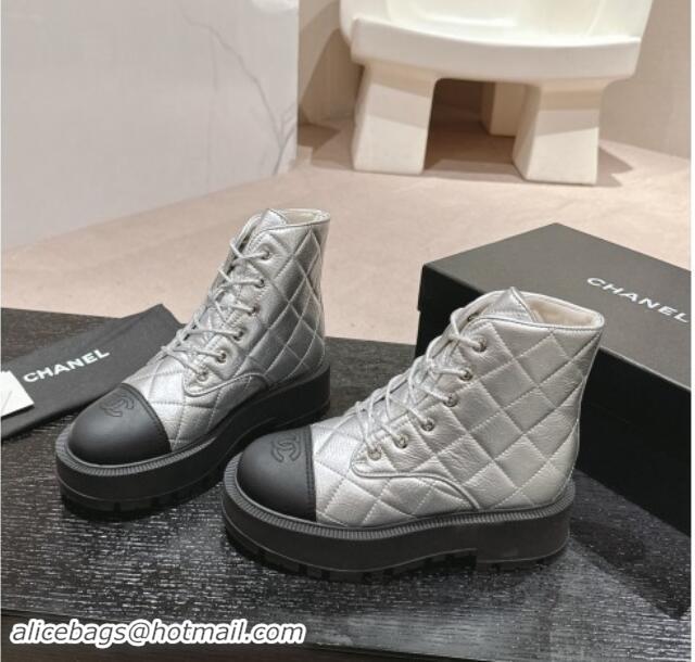 Best Product Chanel Quilted Aged Calfskin Lace-up Platform Ankle Boots Silver 909075