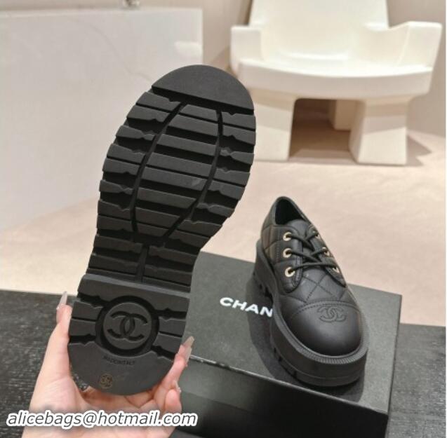 Buy Discount Chanel Quilted Aged Calfskin Lace-up Shoes Black 909076