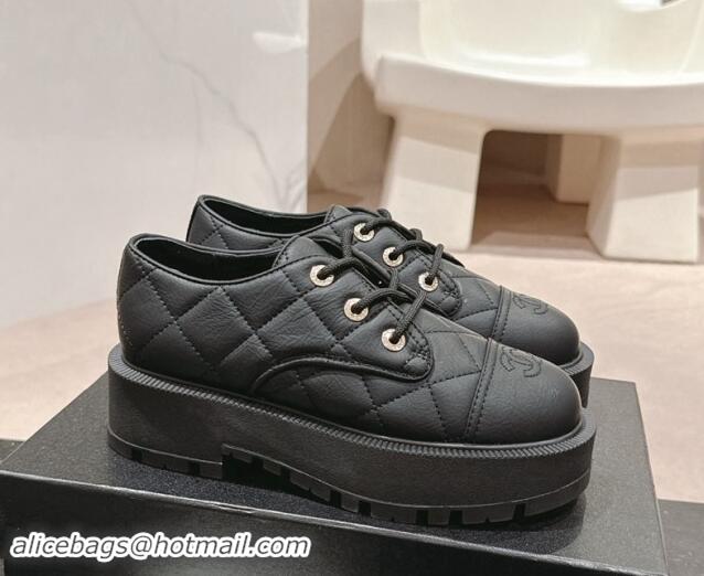 Buy Discount Chanel Quilted Aged Calfskin Lace-up Shoes Black 909076