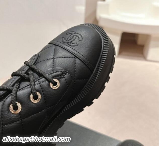 Buy Discount Chanel Quilted Aged Calfskin Lace-up Shoes Black 909076