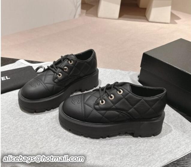 Buy Discount Chanel Quilted Aged Calfskin Lace-up Shoes Black 909076