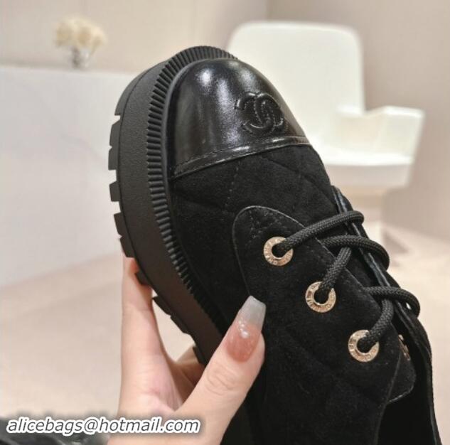 Best Price Chanel Suede Lace-up Shoes Black 909077