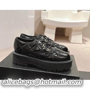 Good Product Chanel Quilted Patent Calfskin Lace-up Shoes Black 909078