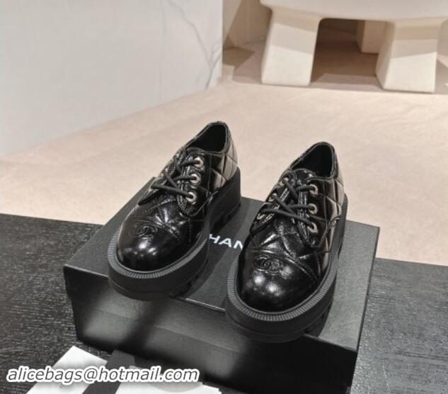 Good Product Chanel Quilted Patent Calfskin Lace-up Shoes Black 909078