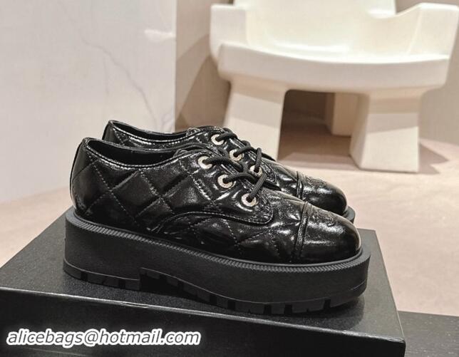 Good Product Chanel Quilted Patent Calfskin Lace-up Shoes Black 909078