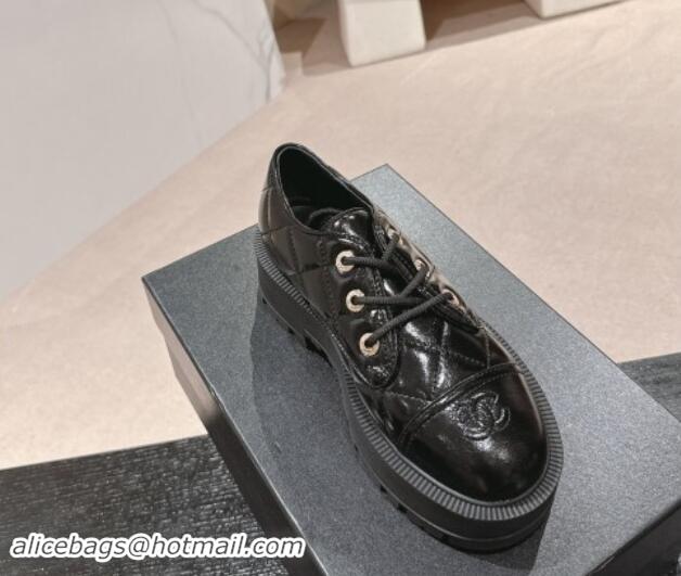 Good Product Chanel Quilted Patent Calfskin Lace-up Shoes Black 909078