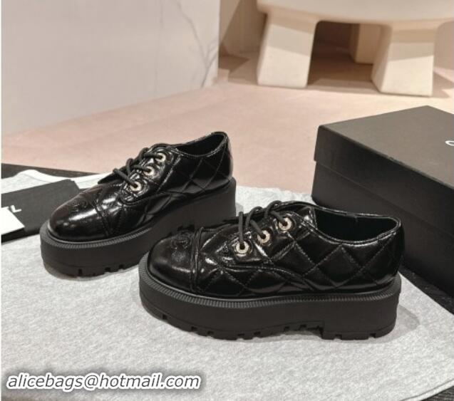 Good Product Chanel Quilted Patent Calfskin Lace-up Shoes Black 909078