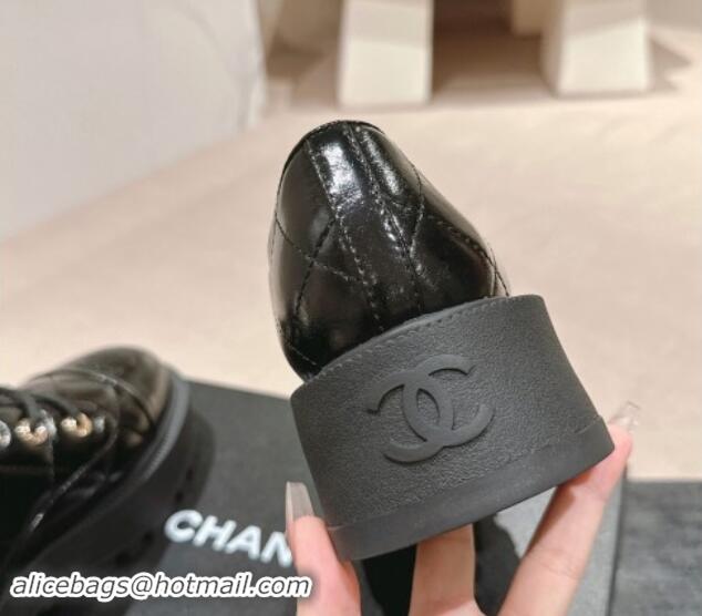 Good Product Chanel Quilted Patent Calfskin Lace-up Shoes Black 909078