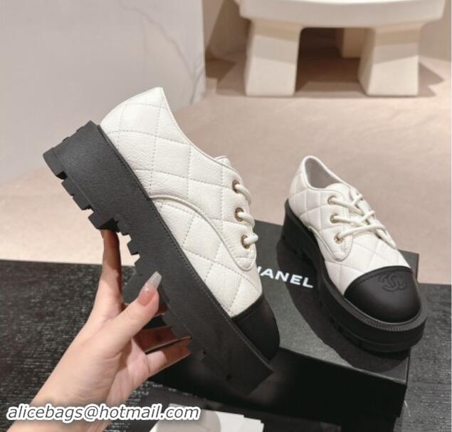 Grade Quality Chanel Quilted Aged Calfskin Lace-up Shoes White 909079