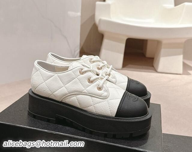 Grade Quality Chanel Quilted Aged Calfskin Lace-up Shoes White 909079