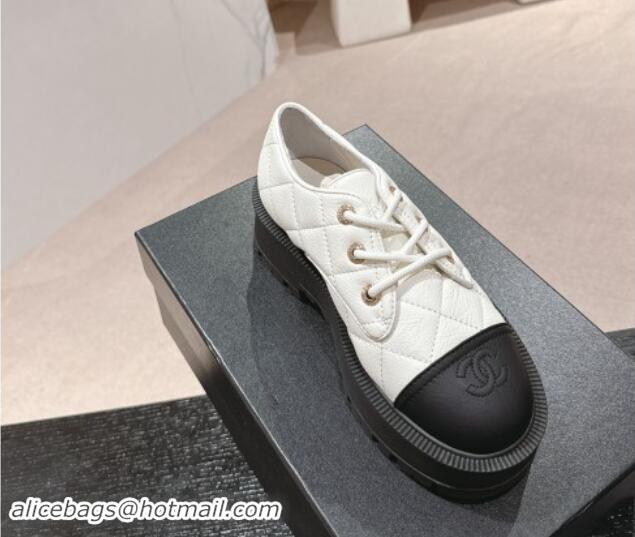 Grade Quality Chanel Quilted Aged Calfskin Lace-up Shoes White 909079