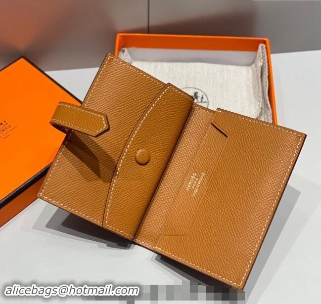 Pretty Style Hermes Bearn Epsom Leather Mini Wallet H092405 Brown/Gold 2024