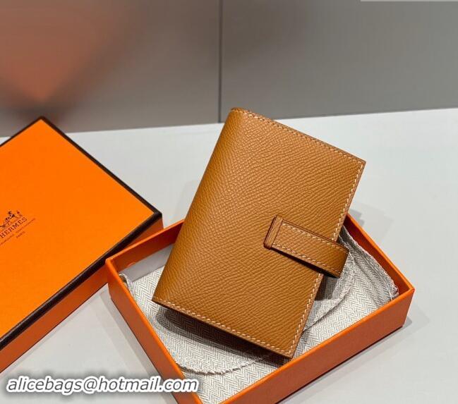 Pretty Style Hermes Bearn Epsom Leather Mini Wallet H092405 Brown/Gold 2024