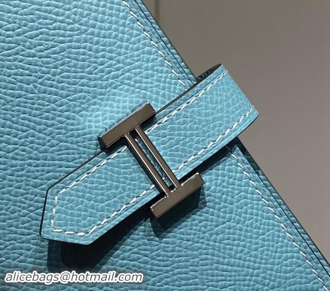 New Fashion Hermes Bearn Epsom Leather Mini Wallet H092405 Denim Blue/Silver 2024