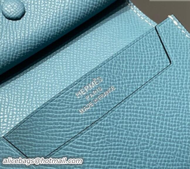 New Fashion Hermes Bearn Epsom Leather Mini Wallet H092405 Denim Blue/Silver 2024