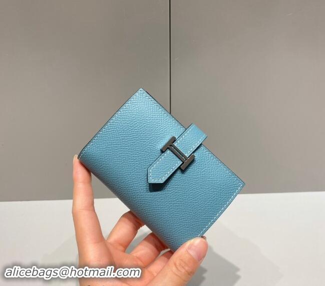 New Fashion Hermes Bearn Epsom Leather Mini Wallet H092405 Denim Blue/Silver 2024