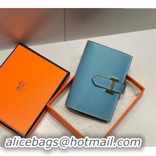 Top Quality Hermes Bearn Epsom Leather Mini Wallet H092405 Denim Blue/Gold 2024