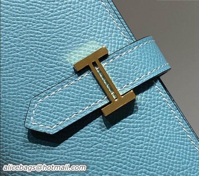 Top Quality Hermes Bearn Epsom Leather Mini Wallet H092405 Denim Blue/Gold 2024