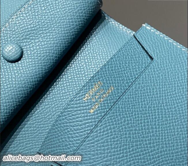 Top Quality Hermes Bearn Epsom Leather Mini Wallet H092405 Denim Blue/Gold 2024