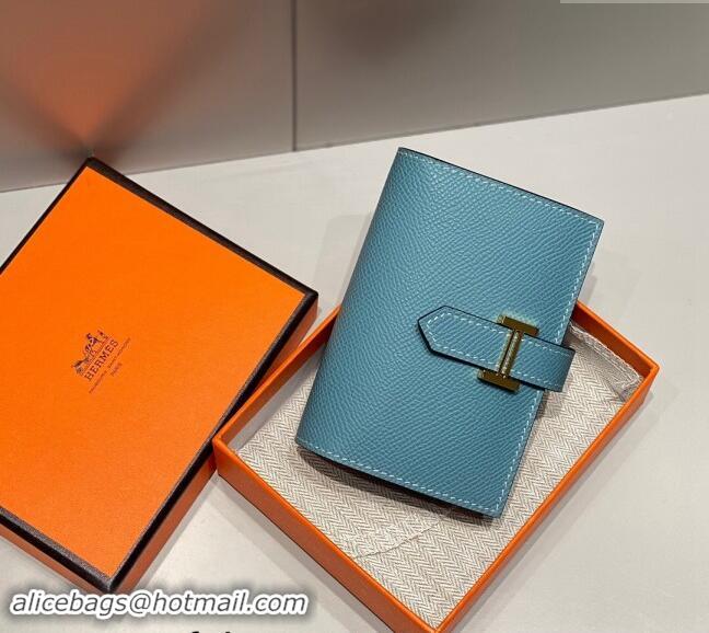 Top Quality Hermes Bearn Epsom Leather Mini Wallet H092405 Denim Blue/Gold 2024