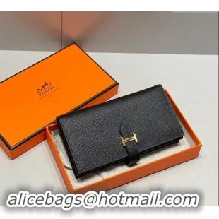 Good Looking Hermes Bearn Epsom Leather Long Wallet H092404 Black/Gold 2024