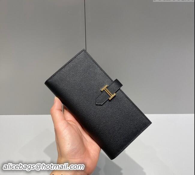 Good Looking Hermes Bearn Epsom Leather Long Wallet H092404 Black/Gold 2024