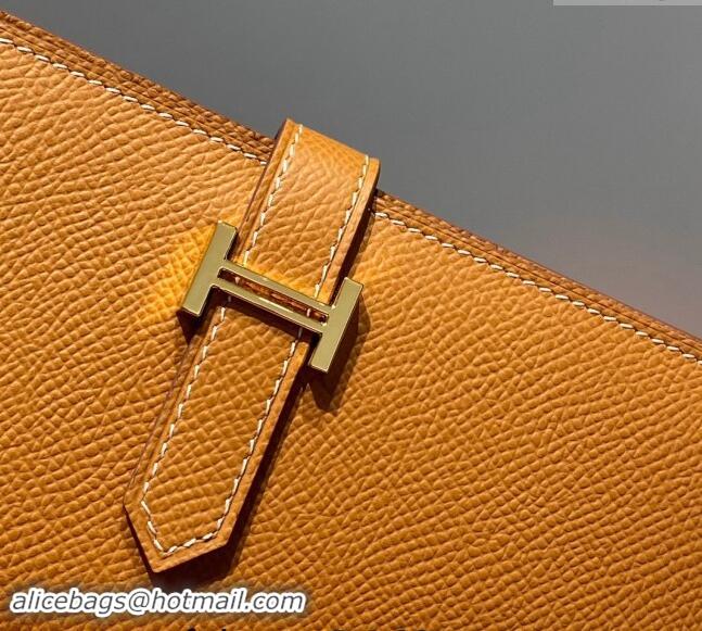 Buy Fashionable Hermes Bearn Epsom Leather Long Wallet H092404 Brown/Gold 2024