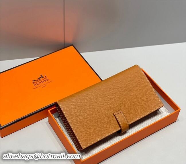 Buy Fashionable Hermes Bearn Epsom Leather Long Wallet H092404 Brown/Gold 2024