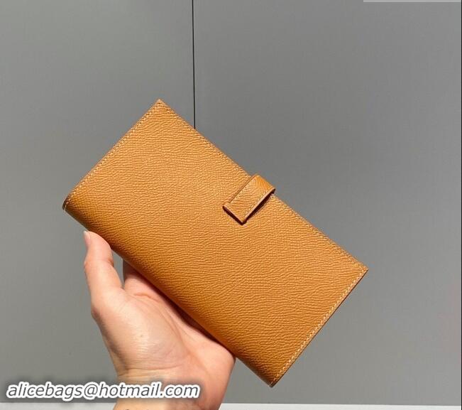 Buy Fashionable Hermes Bearn Epsom Leather Long Wallet H092404 Brown/Gold 2024