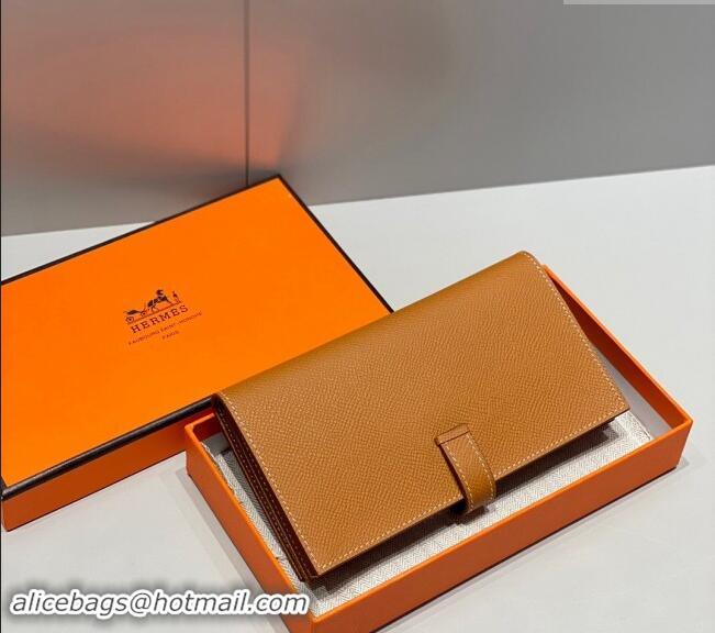 Affordable Price Hermes Bearn Epsom Leather Long Wallet H092404 Brown/Silver 2024