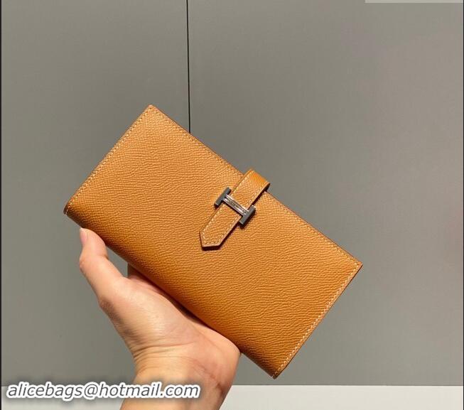 Affordable Price Hermes Bearn Epsom Leather Long Wallet H092404 Brown/Silver 2024