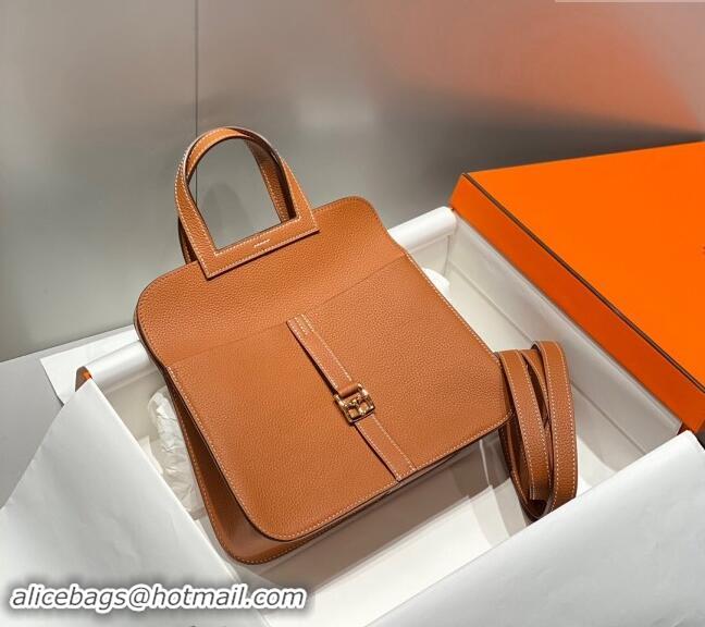 Top Grade Hermes Halzan 25cm Bag in Togo Calfskin H092501 Brown/Gold 2024