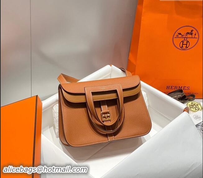 Top Grade Hermes Halzan 25cm Bag in Togo Calfskin H092501 Brown/Gold 2024