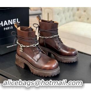 Stylish Chanel Bleached Calfskin Lace-up Ankle Boots with CC Chain Charm Dark Brown 909081