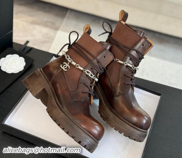 Stylish Chanel Bleached Calfskin Lace-up Ankle Boots with CC Chain Charm Dark Brown 909081