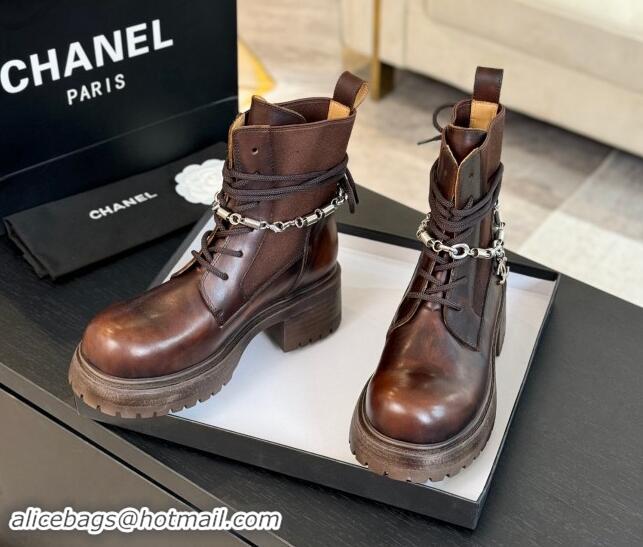 Stylish Chanel Bleached Calfskin Lace-up Ankle Boots with CC Chain Charm Dark Brown 909081