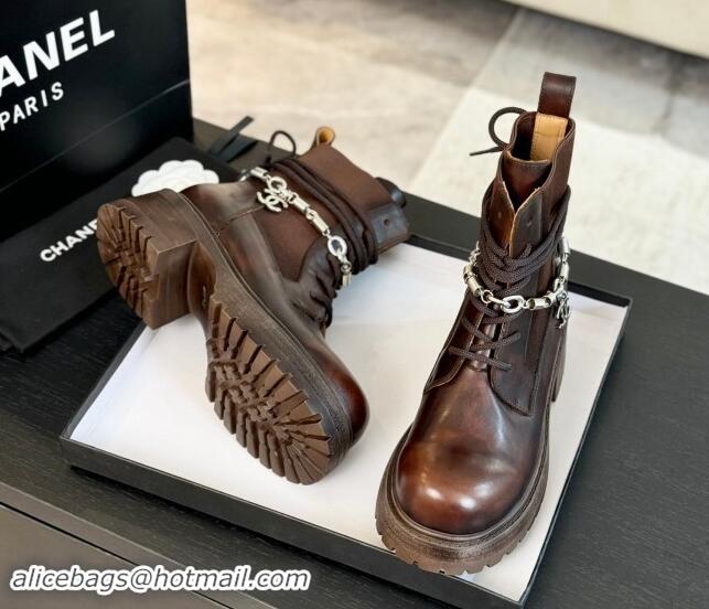 Stylish Chanel Bleached Calfskin Lace-up Ankle Boots with CC Chain Charm Dark Brown 909081