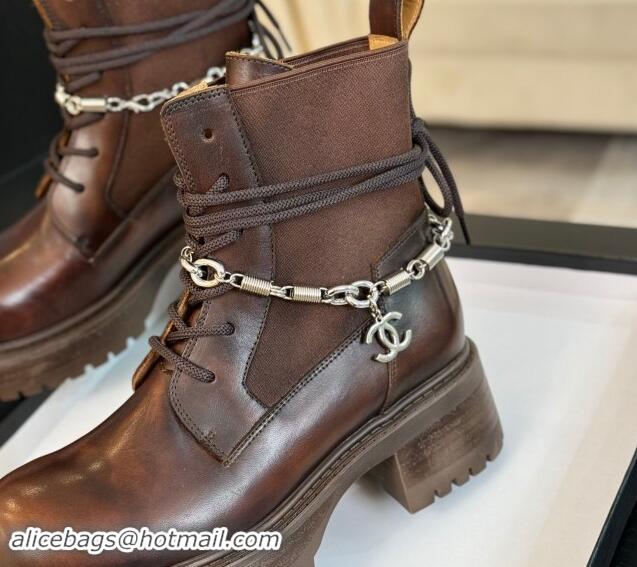 Stylish Chanel Bleached Calfskin Lace-up Ankle Boots with CC Chain Charm Dark Brown 909081