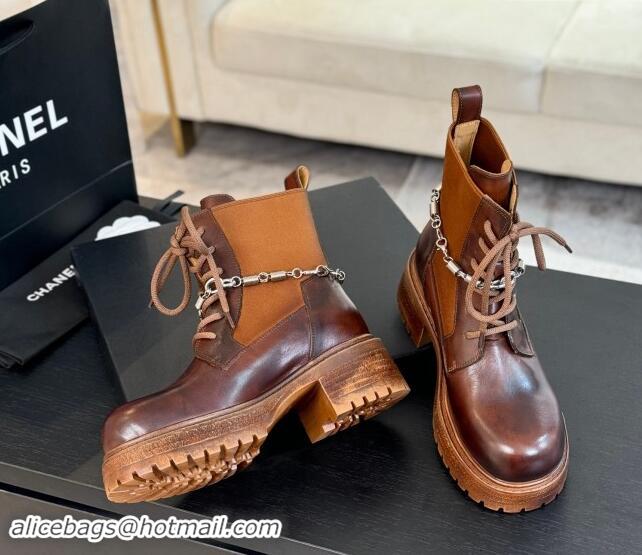 Purchase Chanel Bleached Calfskin Lace-up Ankle Boots with CC Chain Charm Brown 909082