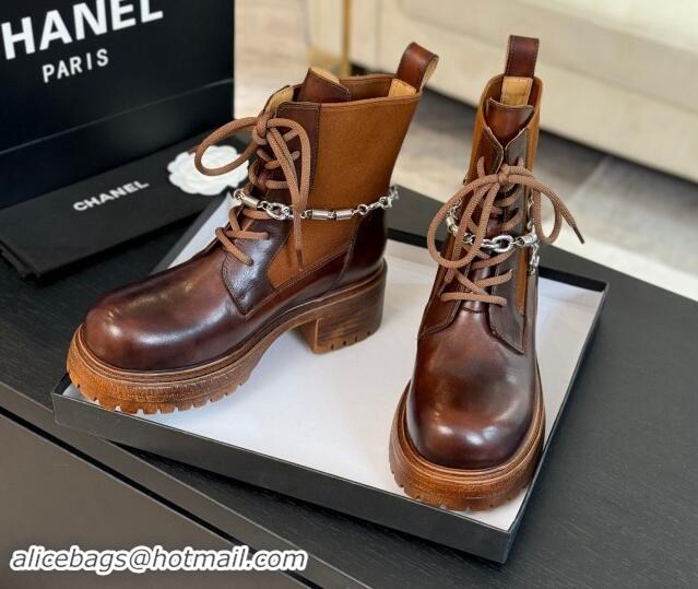 Purchase Chanel Bleached Calfskin Lace-up Ankle Boots with CC Chain Charm Brown 909082