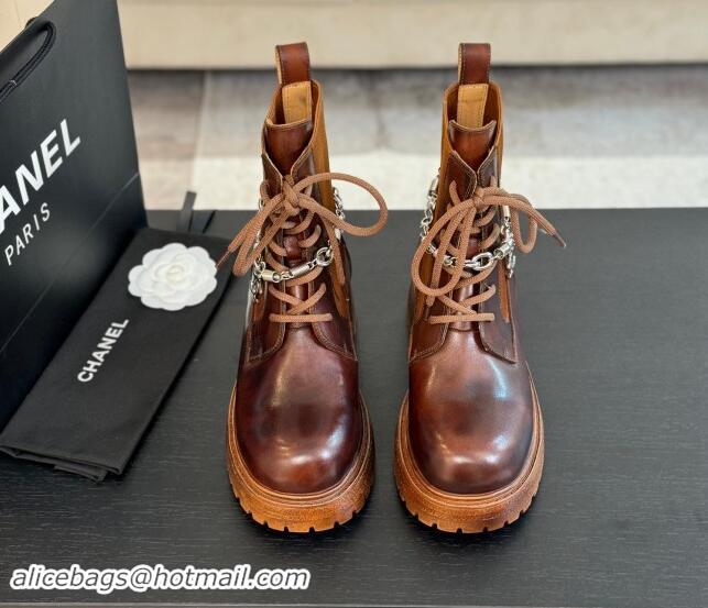 Purchase Chanel Bleached Calfskin Lace-up Ankle Boots with CC Chain Charm Brown 909082