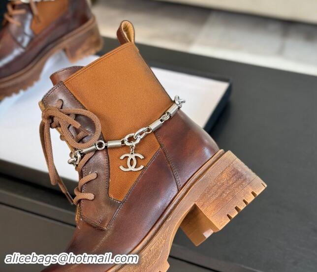 Purchase Chanel Bleached Calfskin Lace-up Ankle Boots with CC Chain Charm Brown 909082