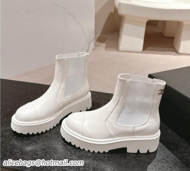 Perfect Chanel Calfskin Chelsea Platform Ankle Boots White 909083