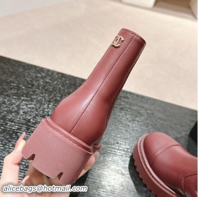 Buy Luxury Chanel Calfskin Chelsea Platform Ankle Boots Burgundy 909084