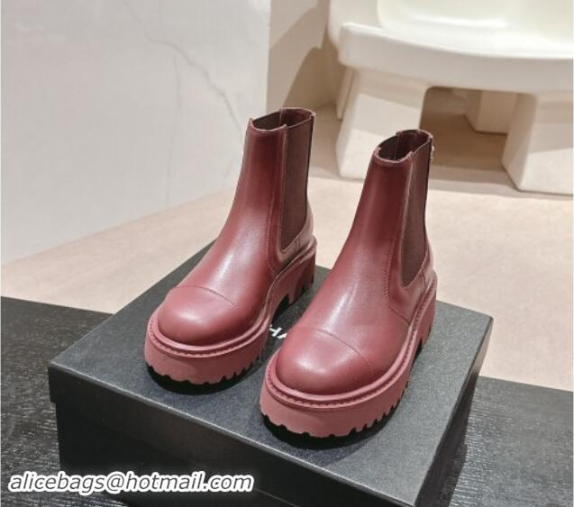 Buy Luxury Chanel Calfskin Chelsea Platform Ankle Boots Burgundy 909084