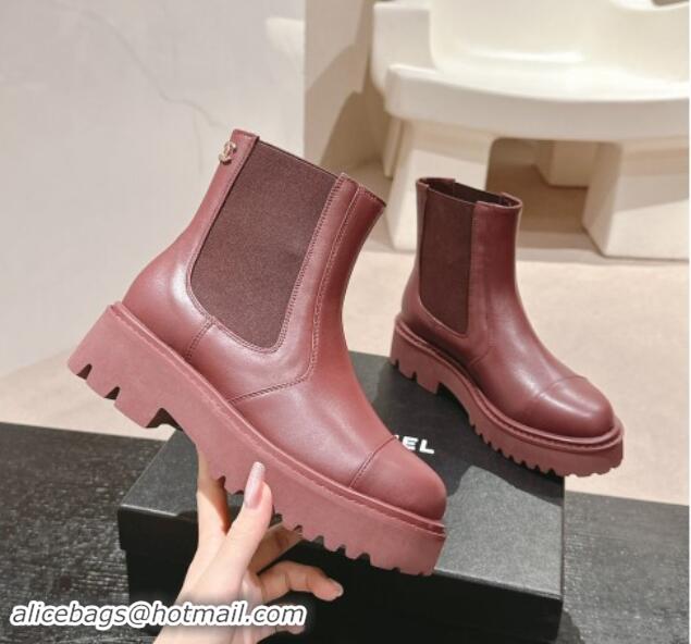 Buy Luxury Chanel Calfskin Chelsea Platform Ankle Boots Burgundy 909084