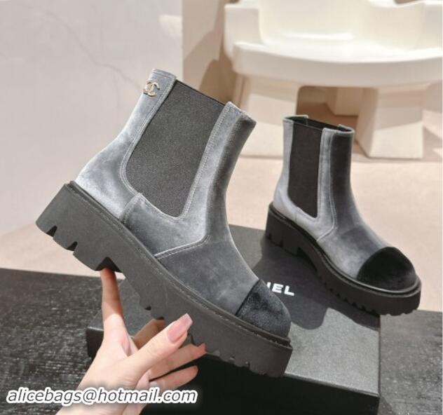 Good Quality Chanel Velvet Chelsea Platform Ankle Boots Grey 909086